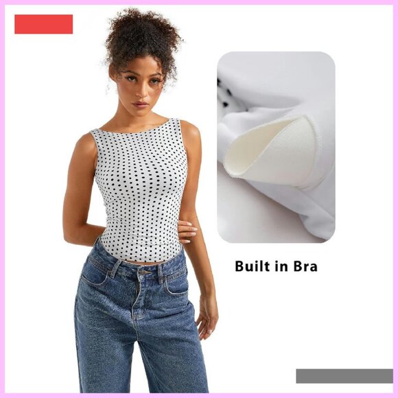 Double Lined Padded Open Back Tank Top Boat Neck Basic Shirt - Picture 2 of 4